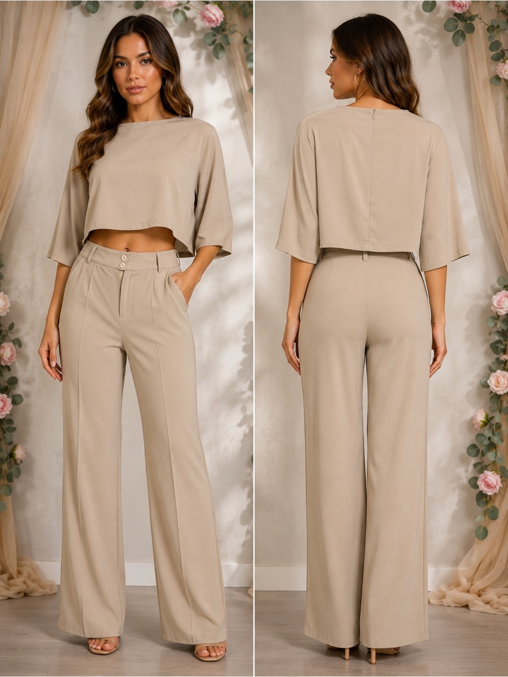 Miss Sparkling Beige Stretchy Wide Leg Pants Crop Top 2 Piece Set